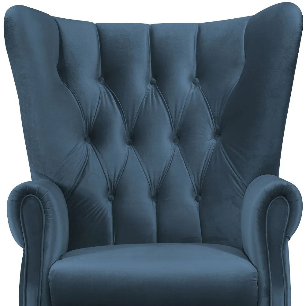 34" Azure Blue Velvet And Brown Solid Color Wingback Chair By Homeroots