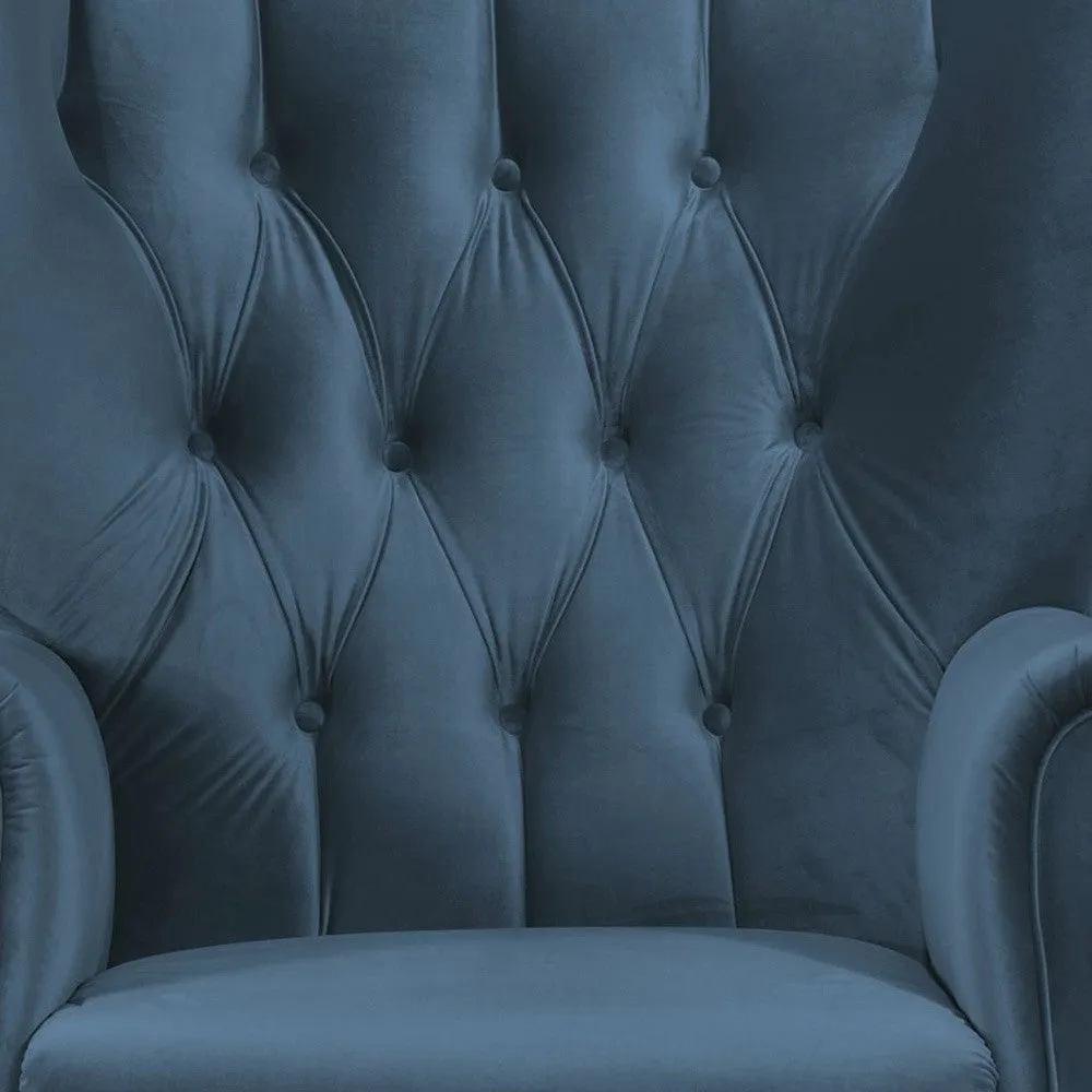 34" Azure Blue Velvet And Brown Solid Color Wingback Chair By Homeroots