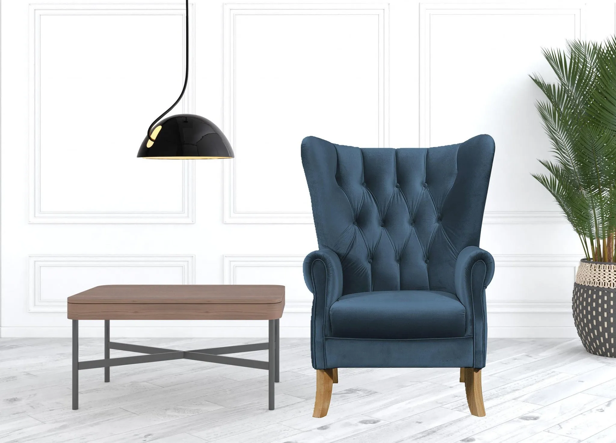 34" Azure Blue Velvet And Brown Solid Color Wingback Chair By Homeroots