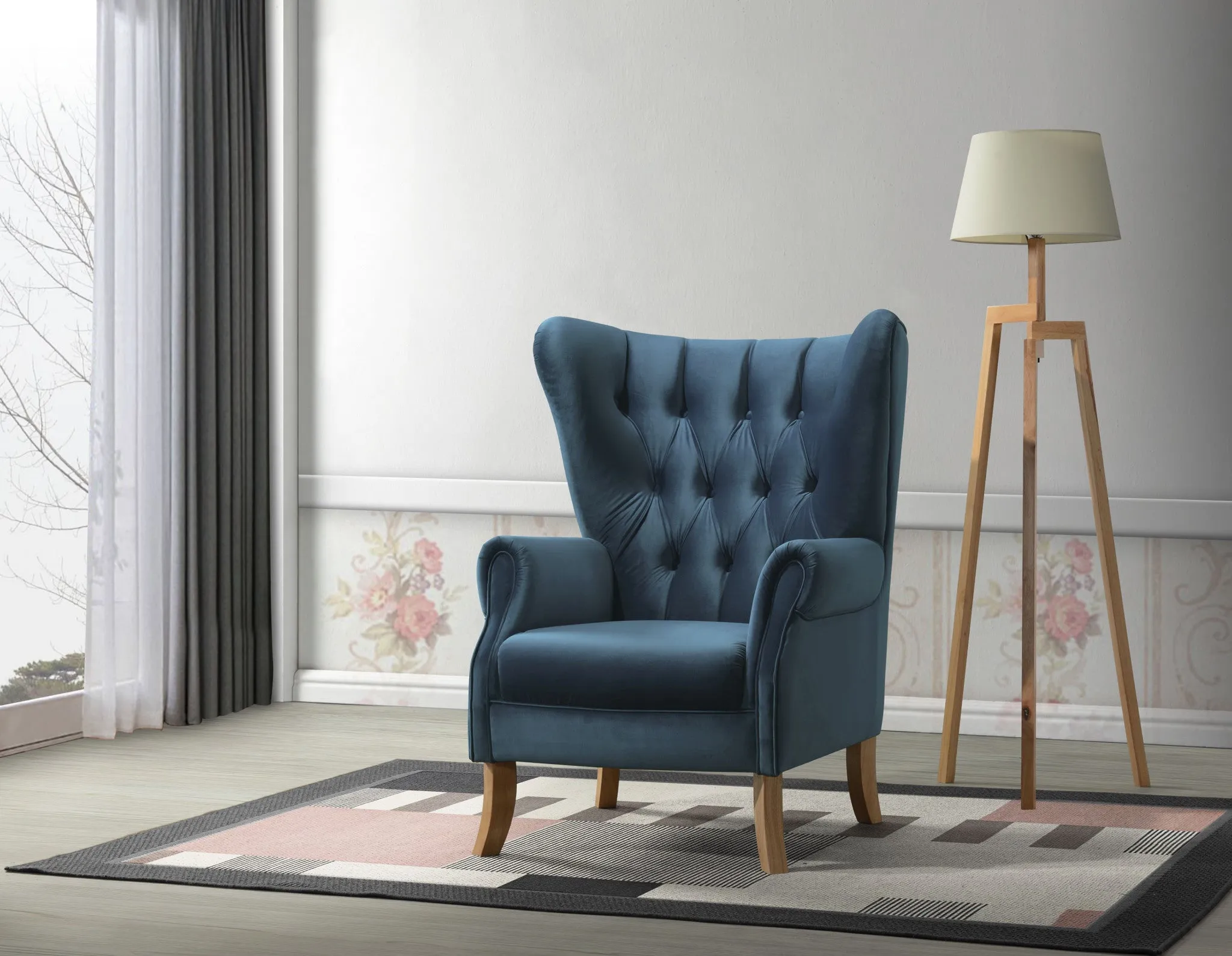 34" Azure Blue Velvet And Brown Solid Color Wingback Chair By Homeroots