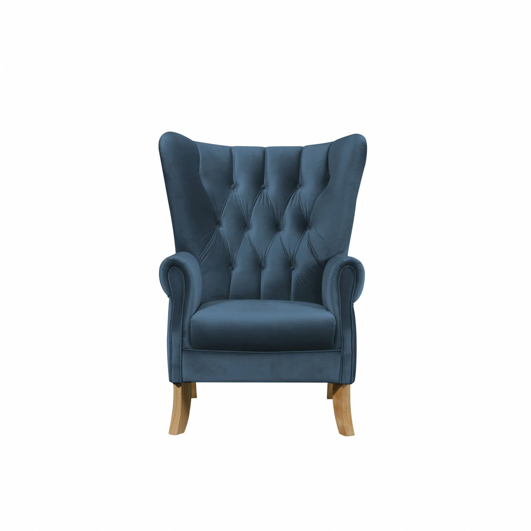 34" Azure Blue Velvet And Brown Solid Color Wingback Chair By Homeroots