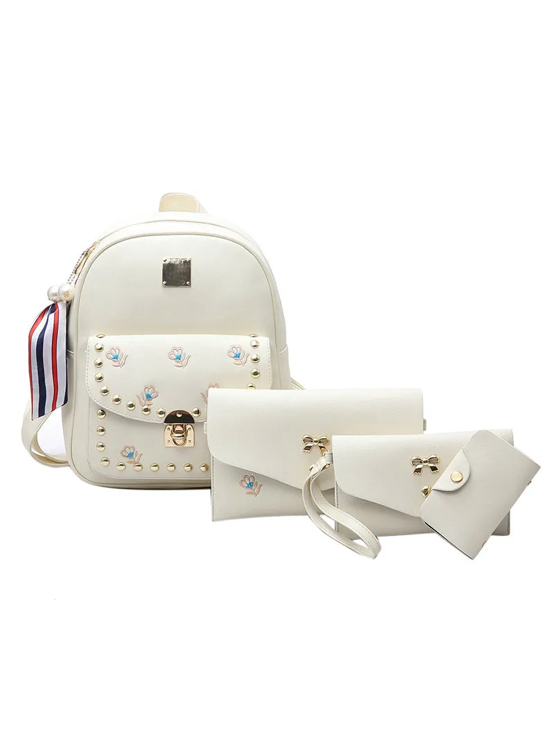 4 Pcs/Set Embroidery Women Backpack Rivet School Bag