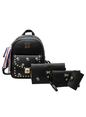 4 Pcs/Set Embroidery Women Backpack Rivet School Bag