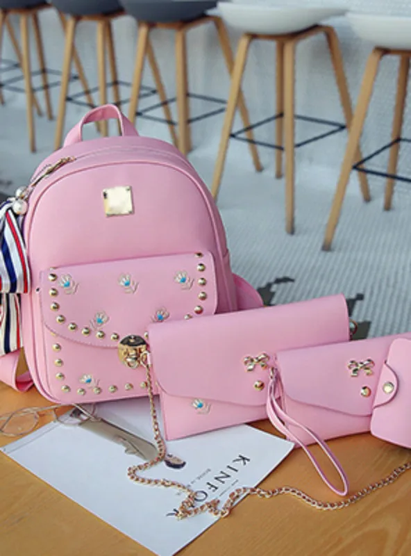 4 Pcs/Set Embroidery Women Backpack Rivet School Bag