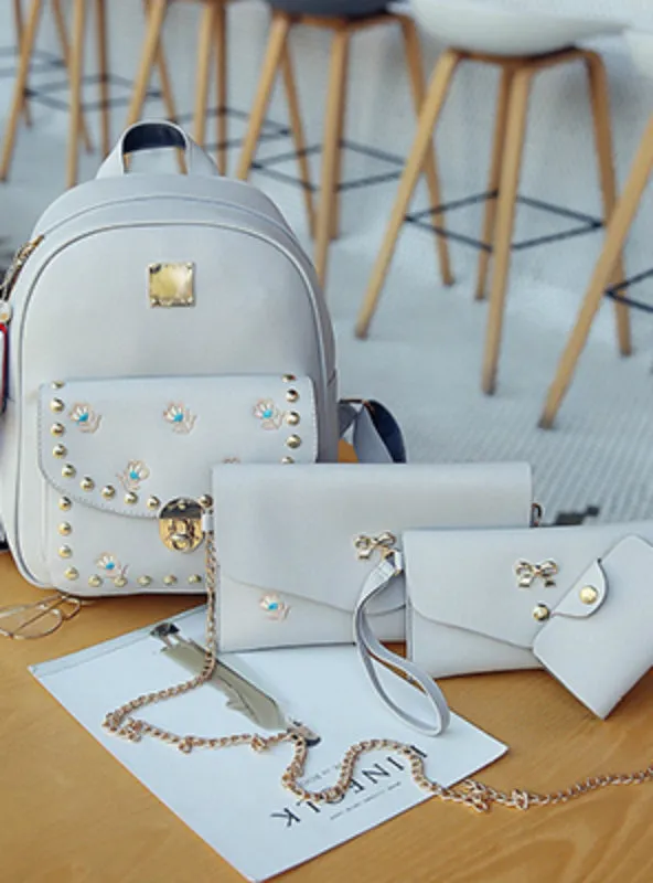 4 Pcs/Set Embroidery Women Backpack Rivet School Bag