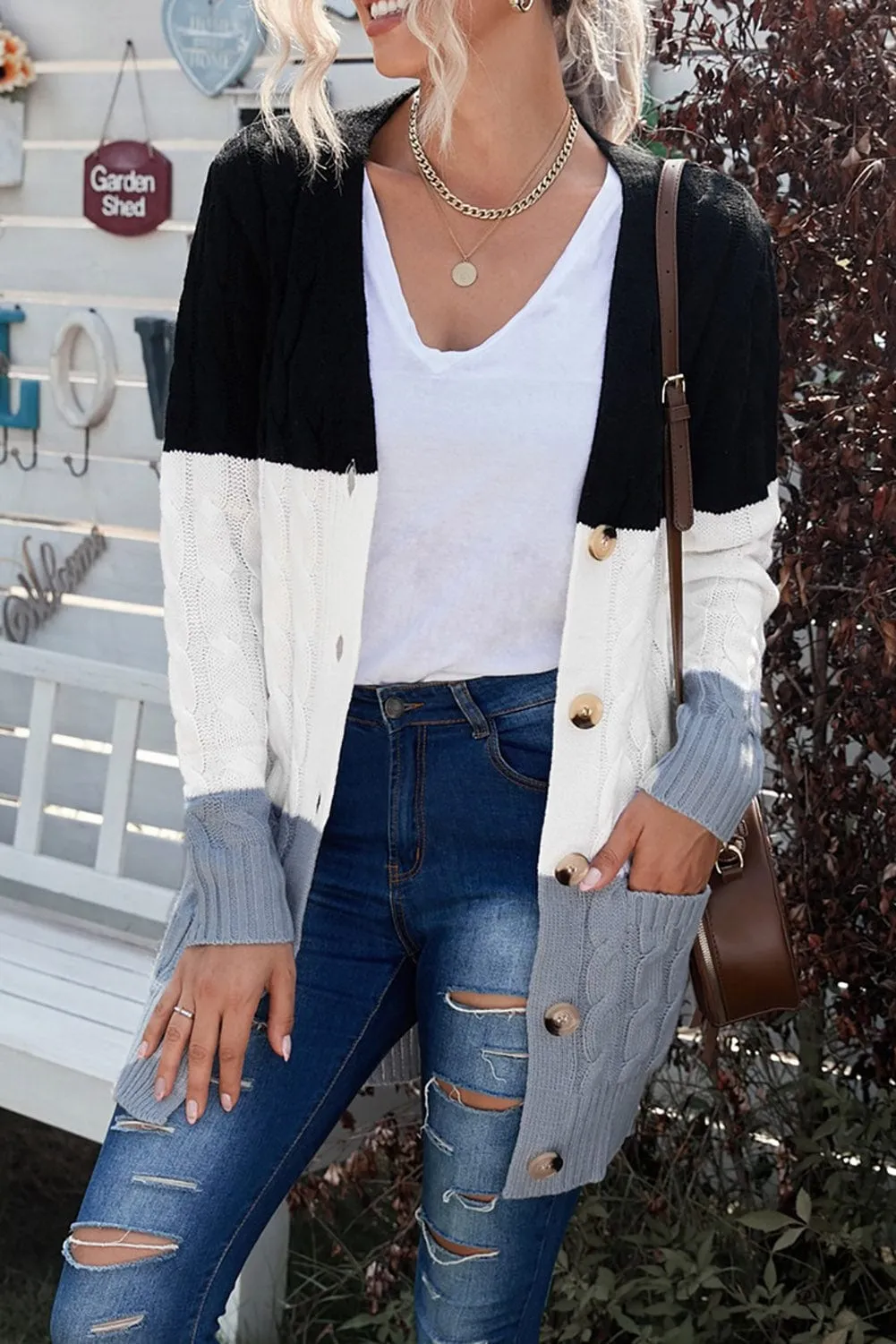 Block Color Cable Knit Cardigan
