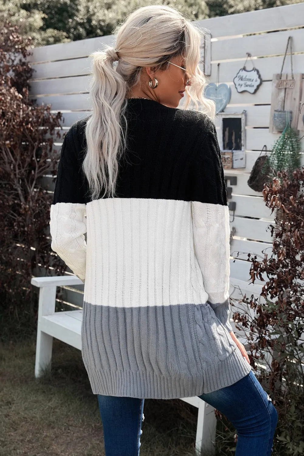 Block Color Cable Knit Cardigan