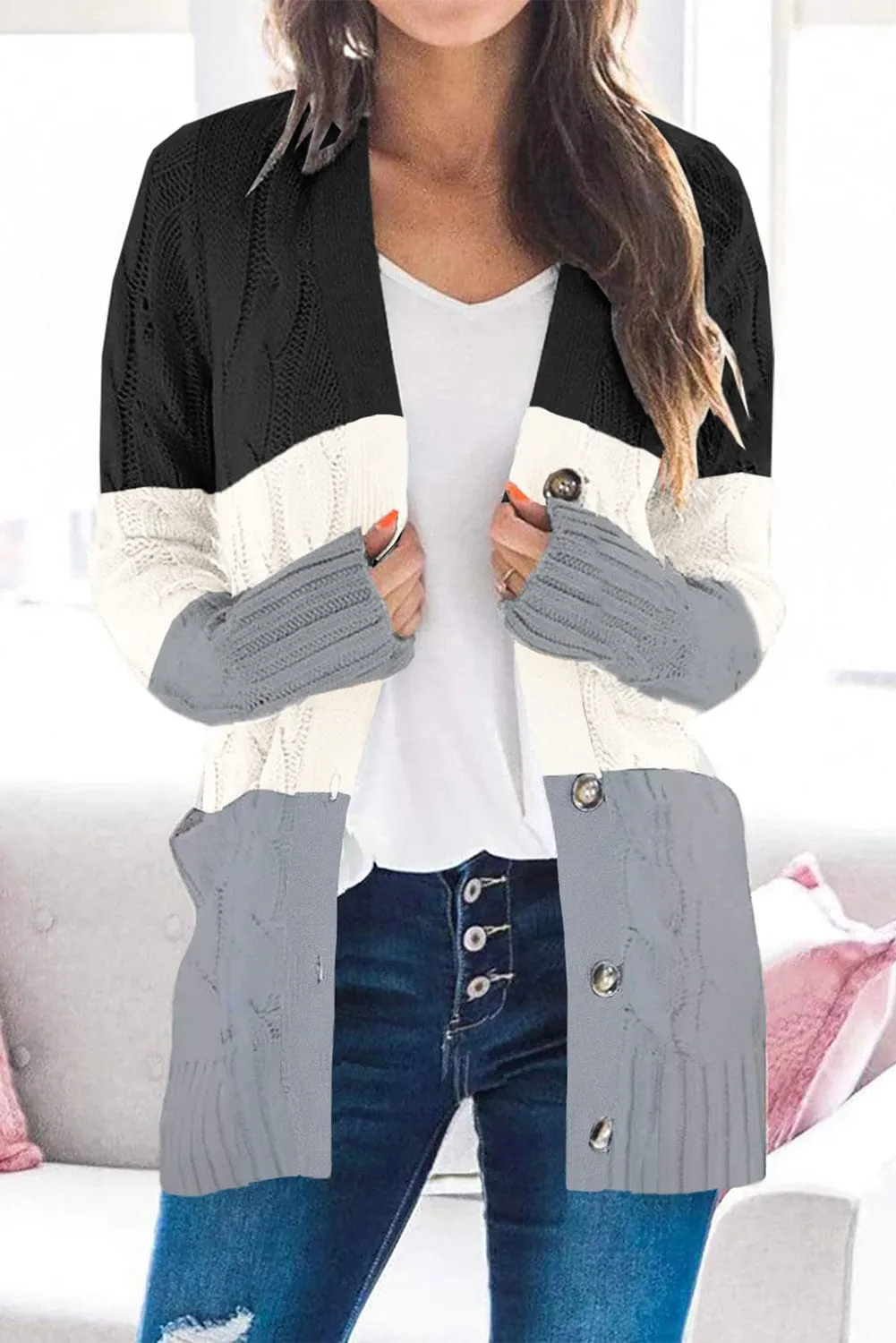 Block Color Cable Knit Cardigan