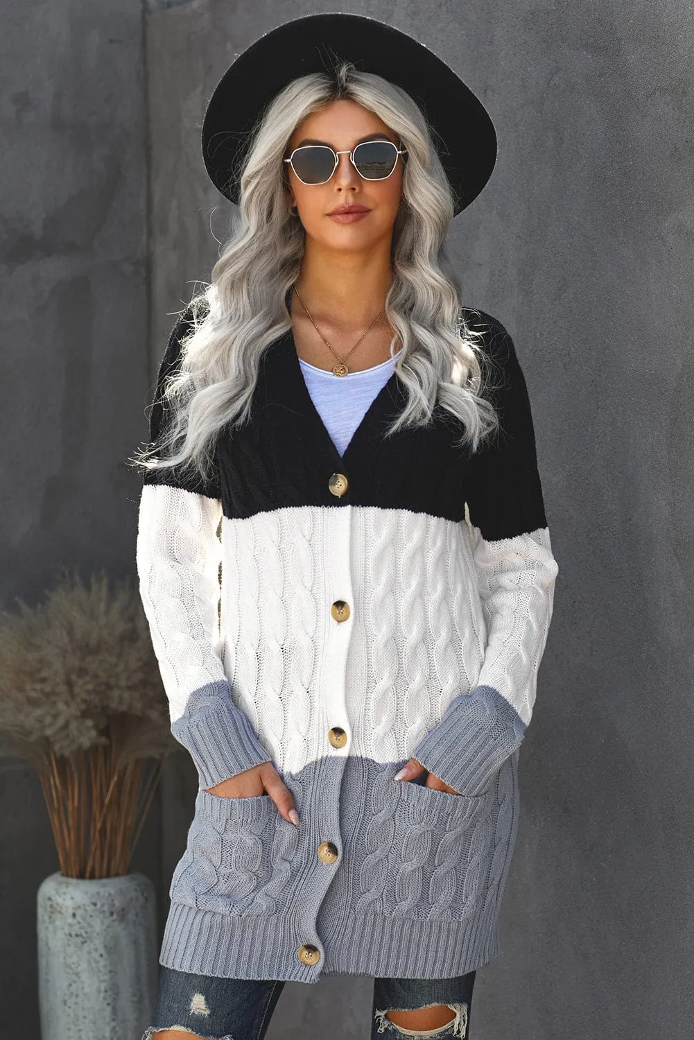 Block Color Cable Knit Cardigan