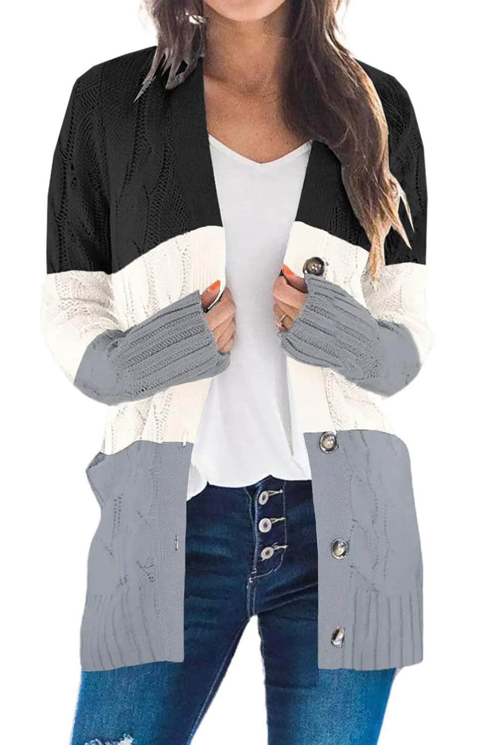 Block Color Cable Knit Cardigan
