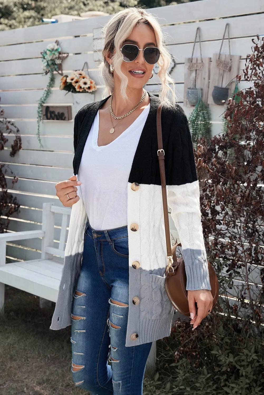 Block Color Cable Knit Cardigan