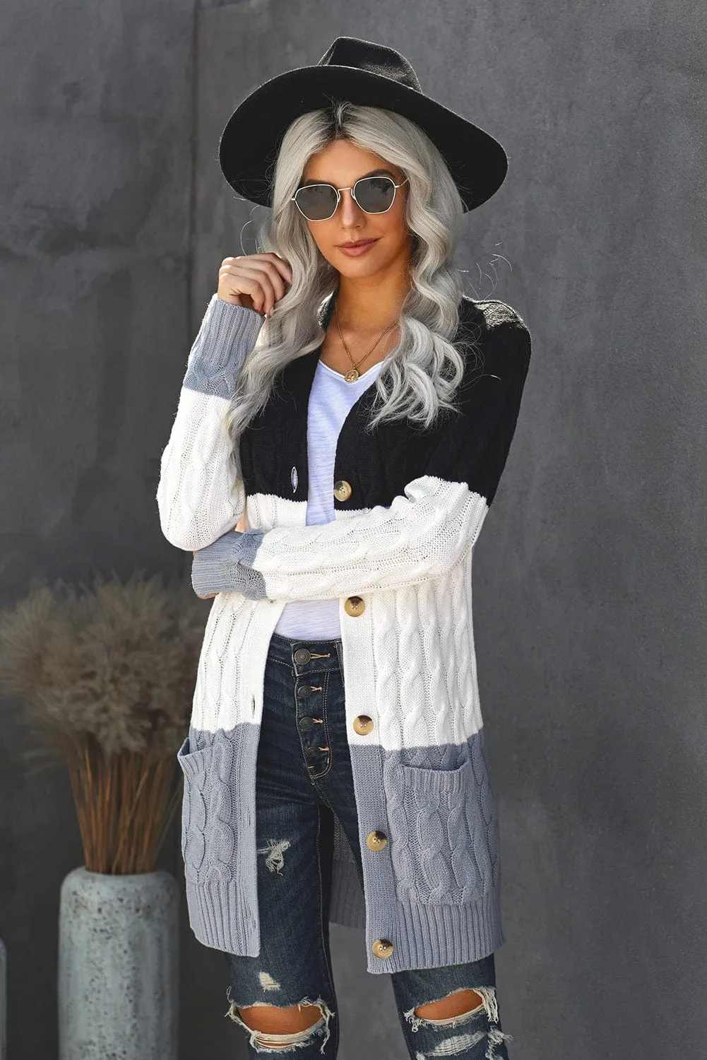 Block Color Cable Knit Cardigan