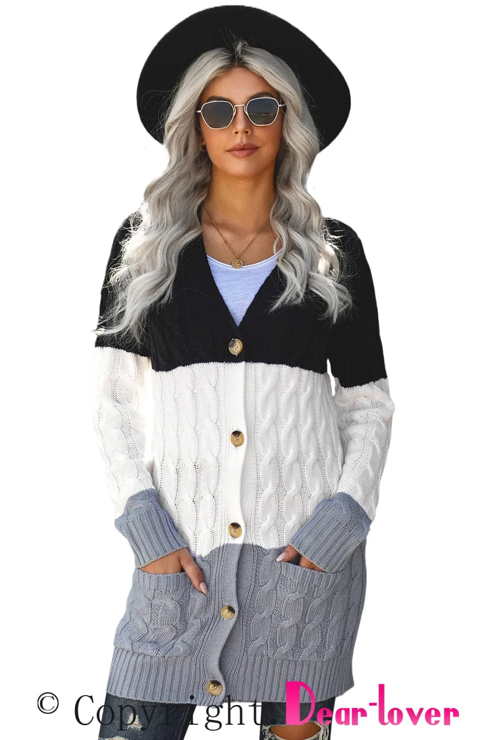 Block Color Cable Knit Cardigan