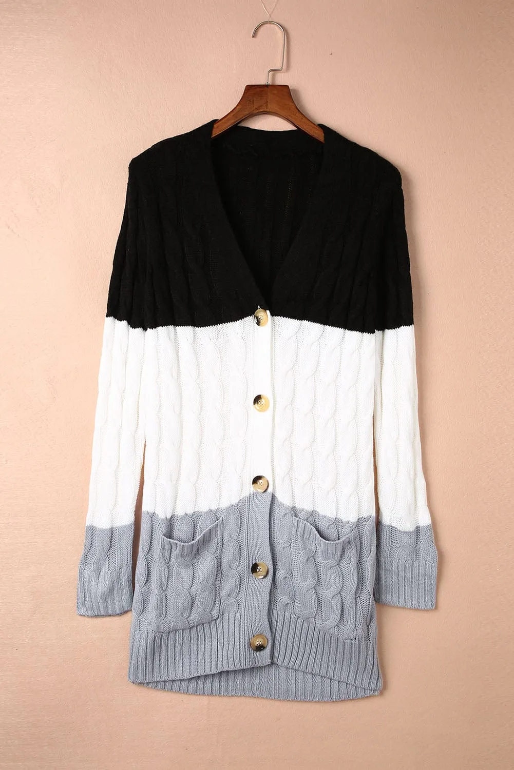 Block Color Cable Knit Cardigan
