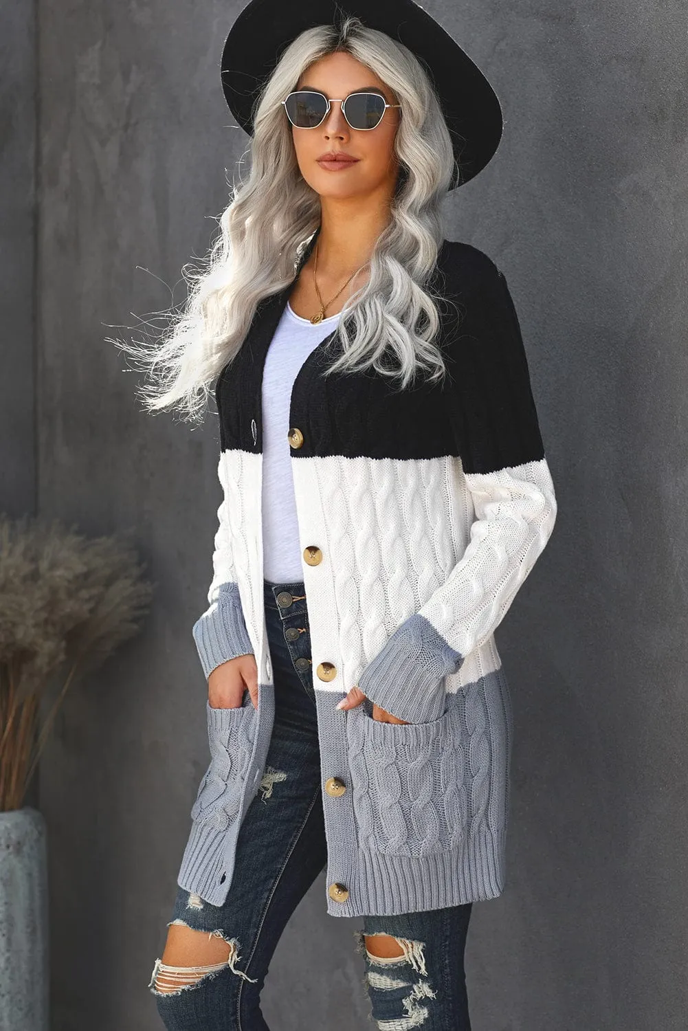 Block Color Cable Knit Cardigan