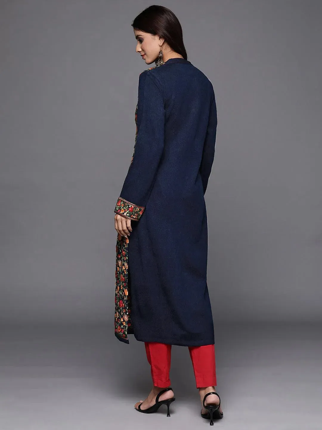Blue Embroidered Wool Straight Kurta
