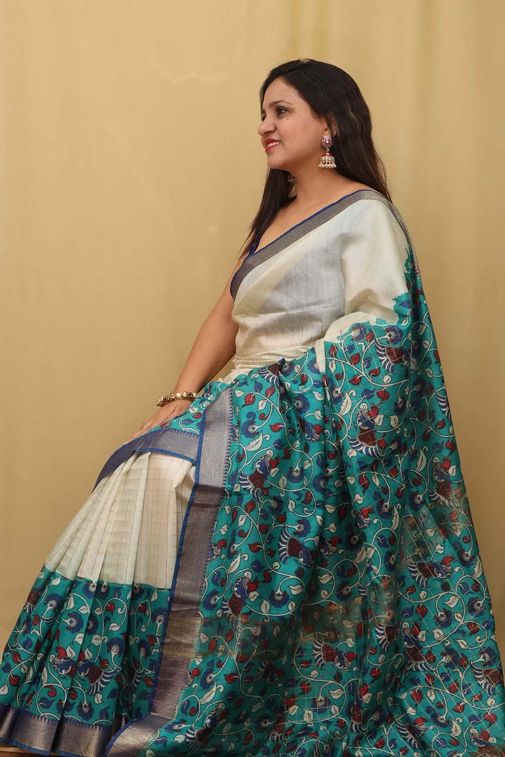 Blue Kalamkari Cotton Silk Saree: Elegant Digital Print