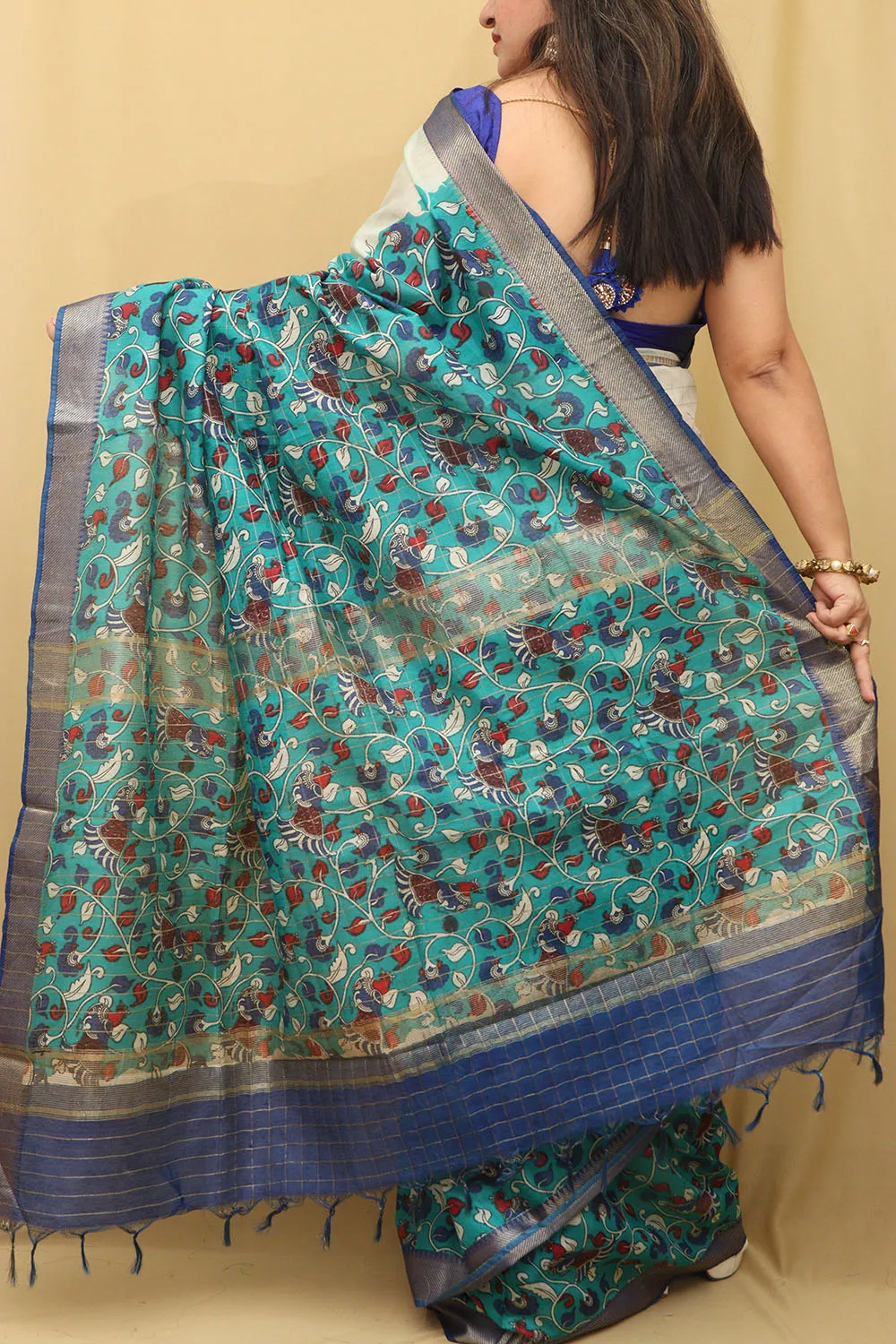 Blue Kalamkari Cotton Silk Saree: Elegant Digital Print