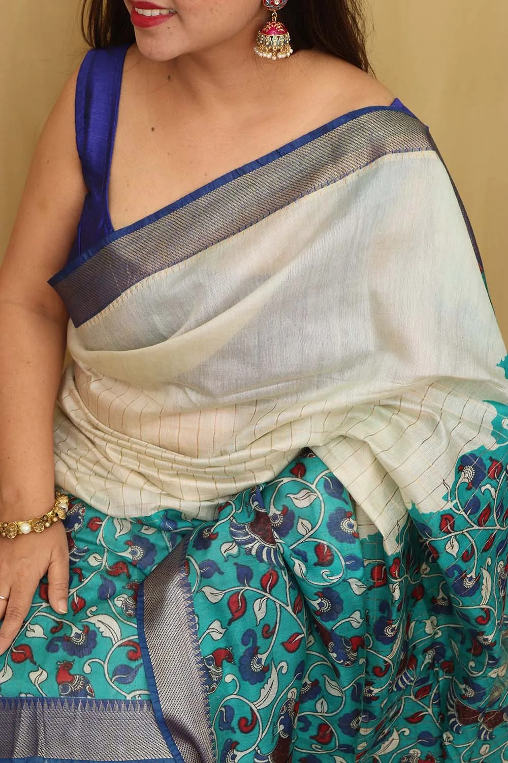 Blue Kalamkari Cotton Silk Saree: Elegant Digital Print
