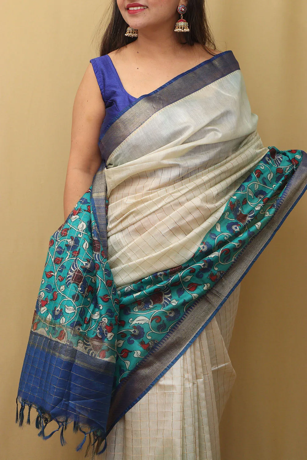 Blue Kalamkari Cotton Silk Saree: Elegant Digital Print