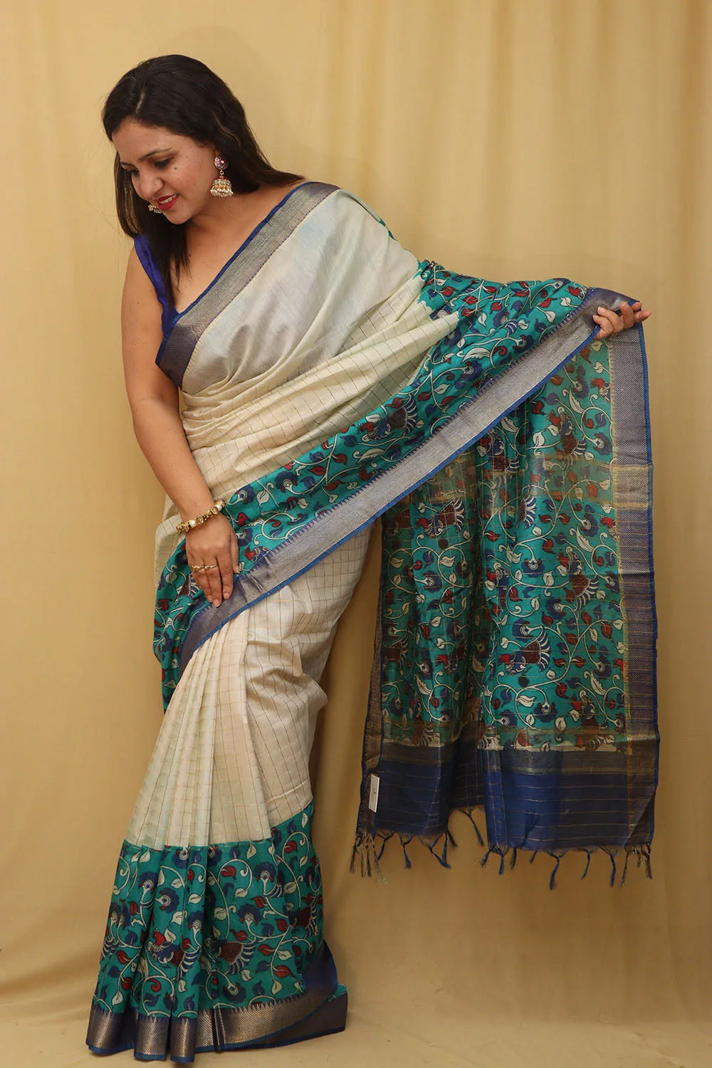Blue Kalamkari Cotton Silk Saree: Elegant Digital Print