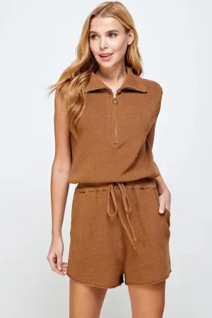 Camel Half Zip Sleeveless Knit Romper