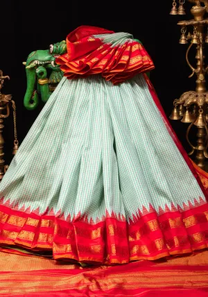Charming Dual tone Gingham Checks Gadwal Pure Silk Saree in Mint Green and Red with Stack Zari Borders  | SILK MARK CERTIFIED