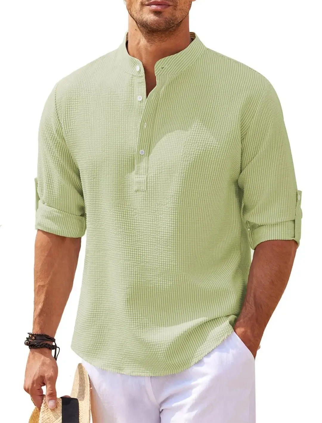 Cotton Linen Hot Sale Men's Long-Sleeved Shirts Spring Autumn Solid Color Stand-Up Collar Casual Beach Style Plus Size S-5XL