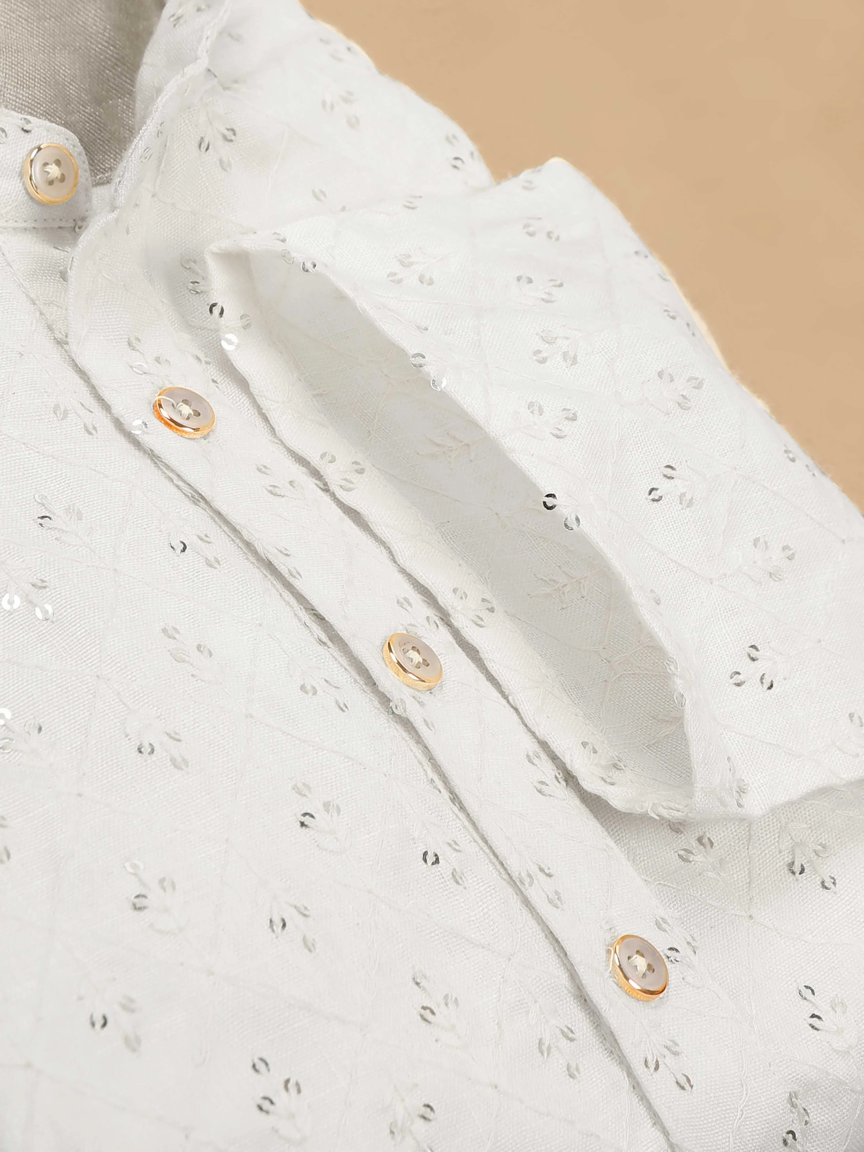 Cream Sequence Embroidery Long Kurta