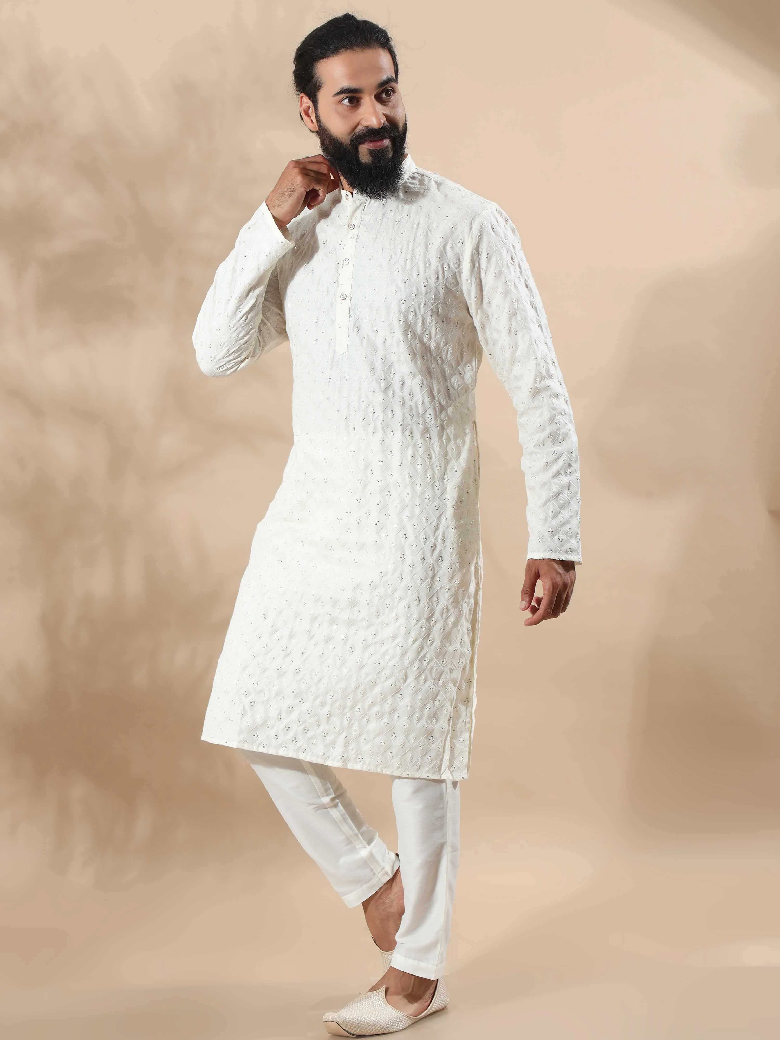 Cream Sequence Embroidery Long Kurta