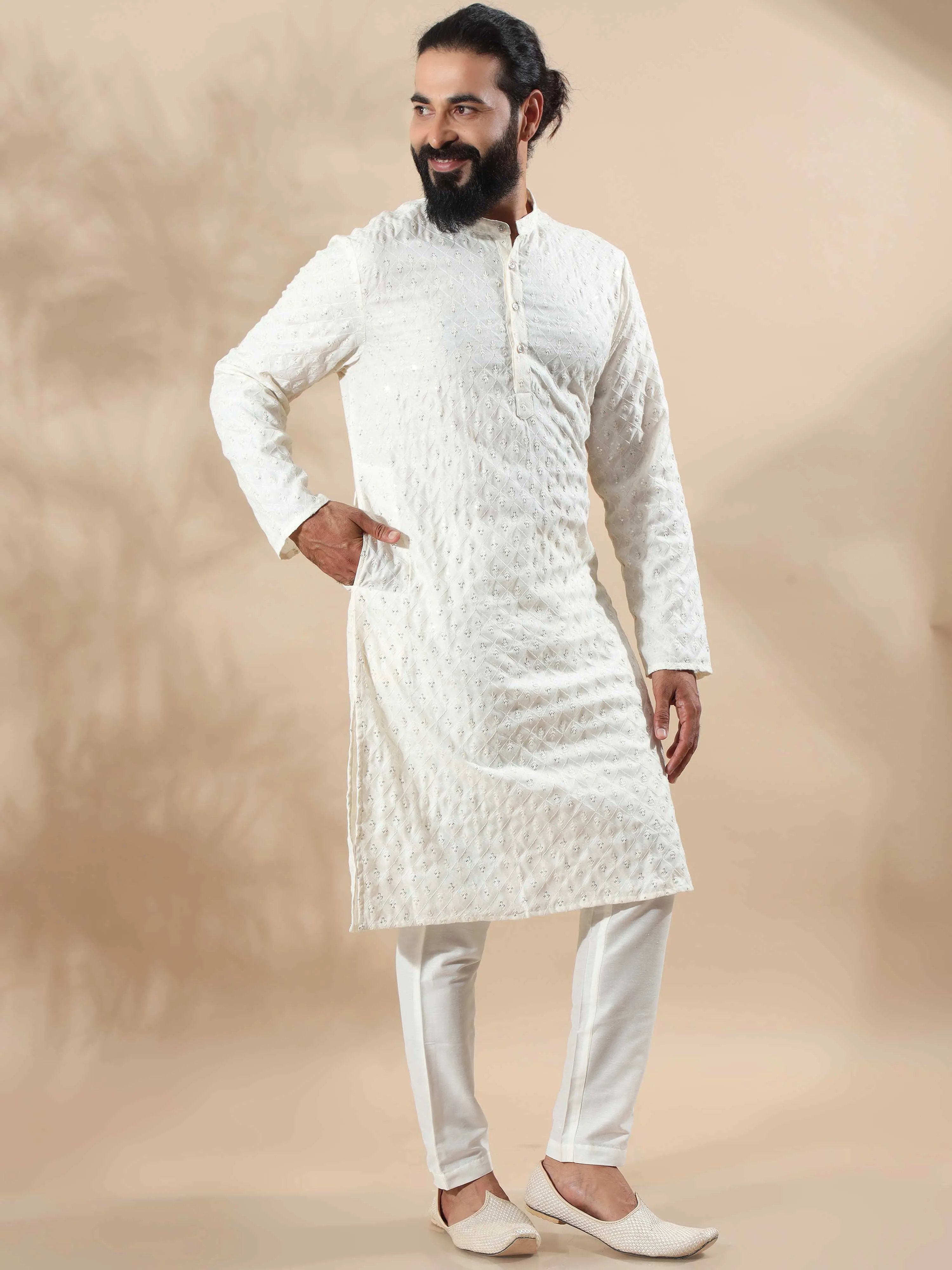 Cream Sequence Embroidery Long Kurta