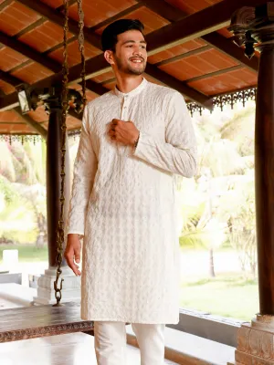 Cream Sequence Embroidery Long Kurta