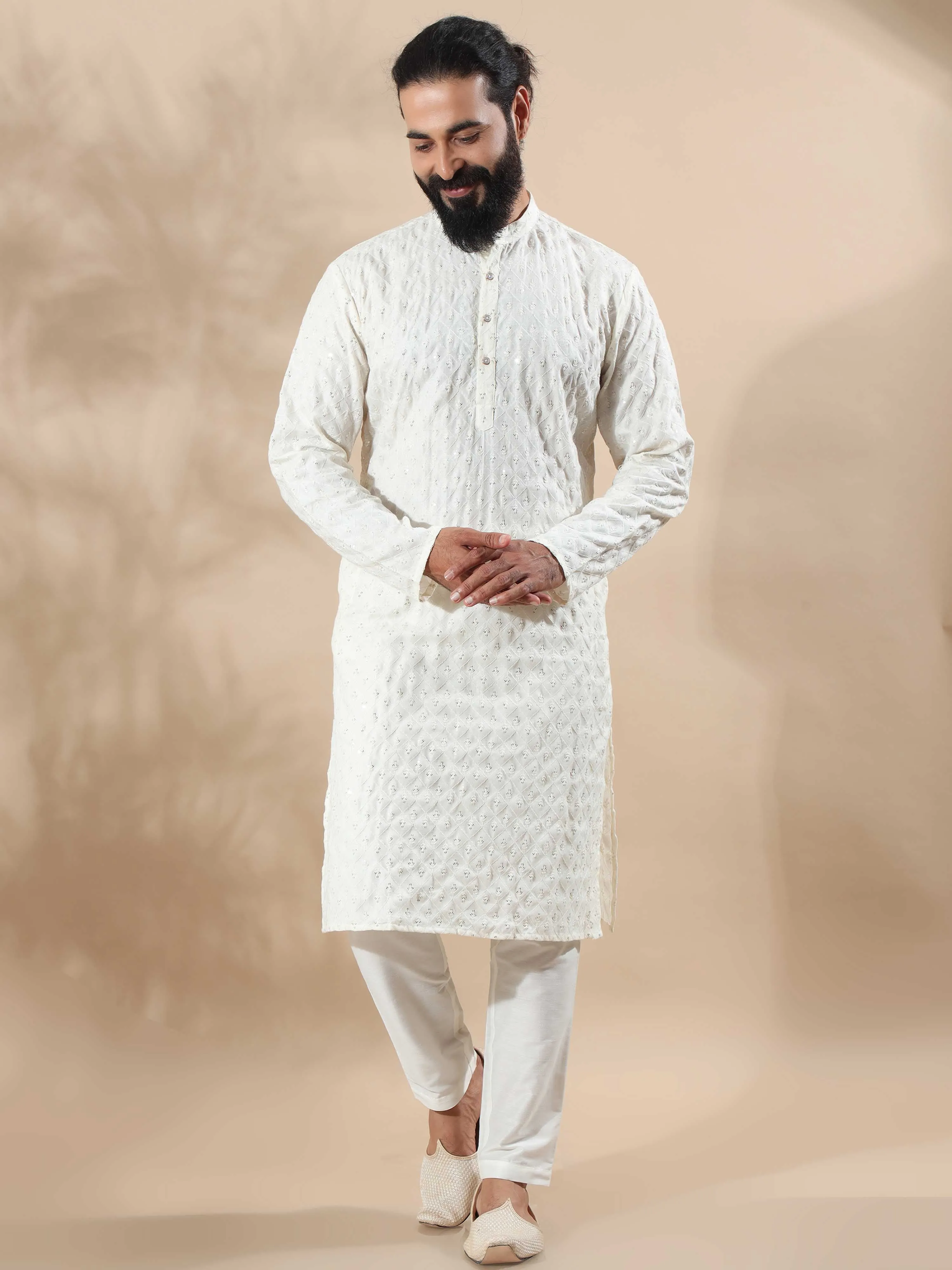 Cream Sequence Embroidery Long Kurta