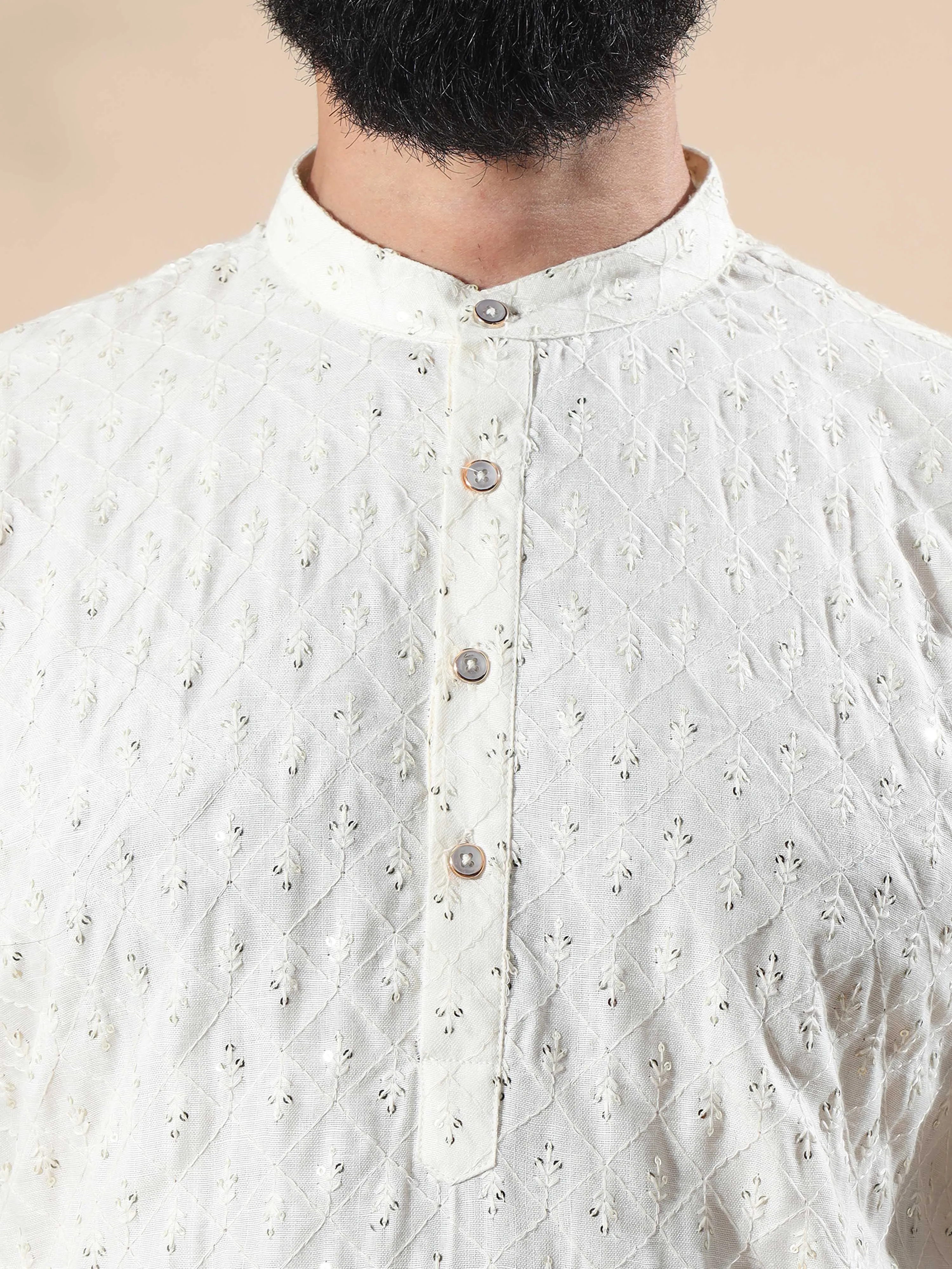 Cream Sequence Embroidery Long Kurta