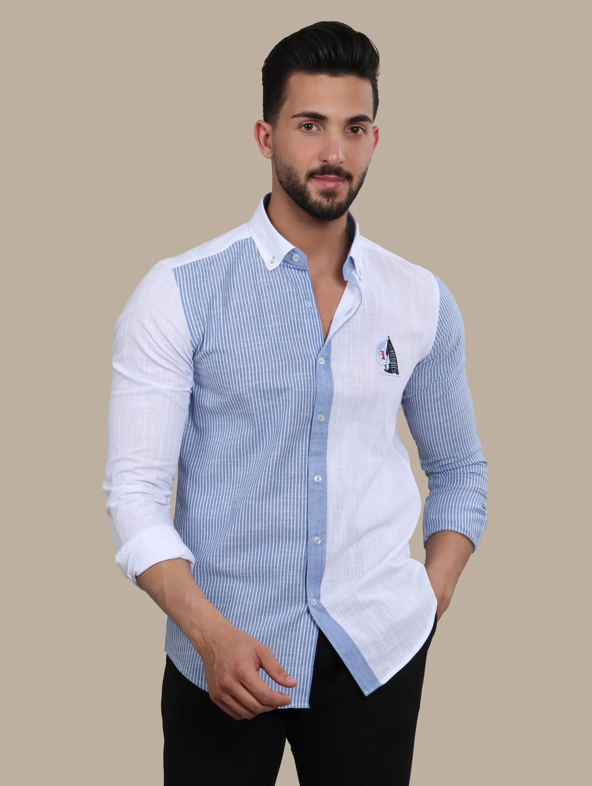 Dark Blue Linen Shirt with Half-Striped Design