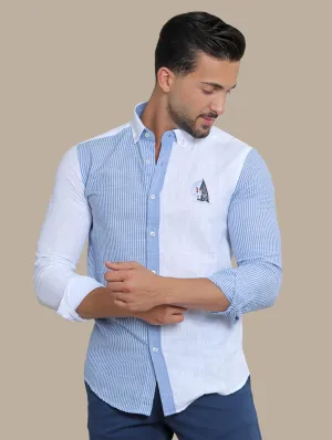 Dark Blue Linen Shirt with Half-Striped Design
