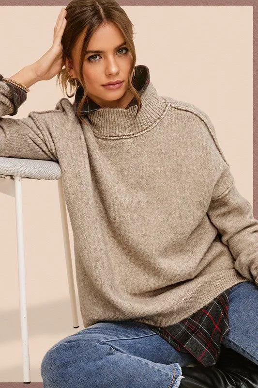 Ella Knit Cozy Warm Taupe Mock Style Long Sleeve Sweater