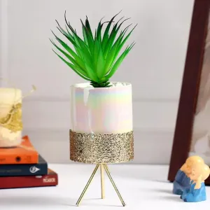 Fashionable Succulents Artificial Plant with Ceramic Pot & Metal Tripod Stand | 9 inches