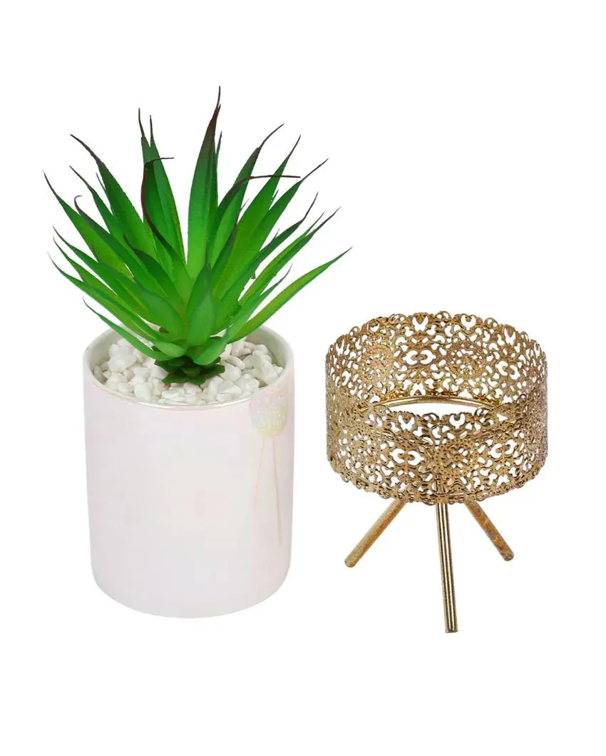 Fashionable Succulents Artificial Plant with Ceramic Pot & Metal Tripod Stand | 9 inches