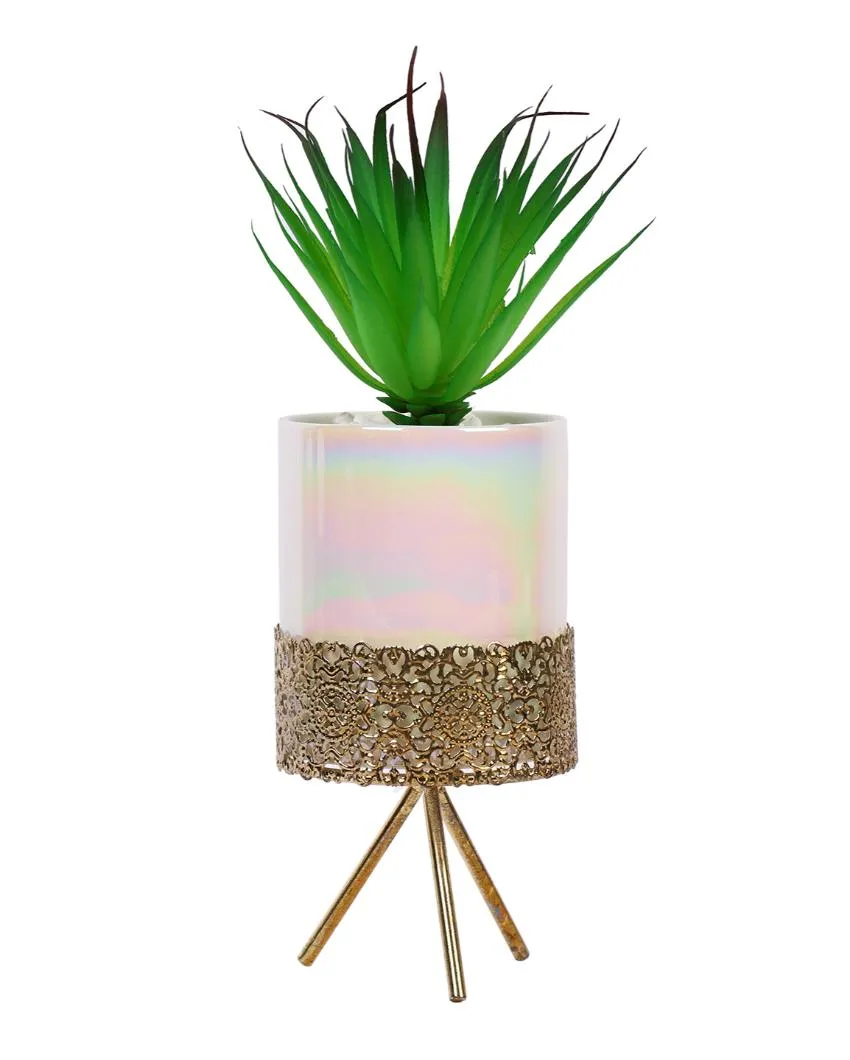 Fashionable Succulents Artificial Plant with Ceramic Pot & Metal Tripod Stand | 9 inches