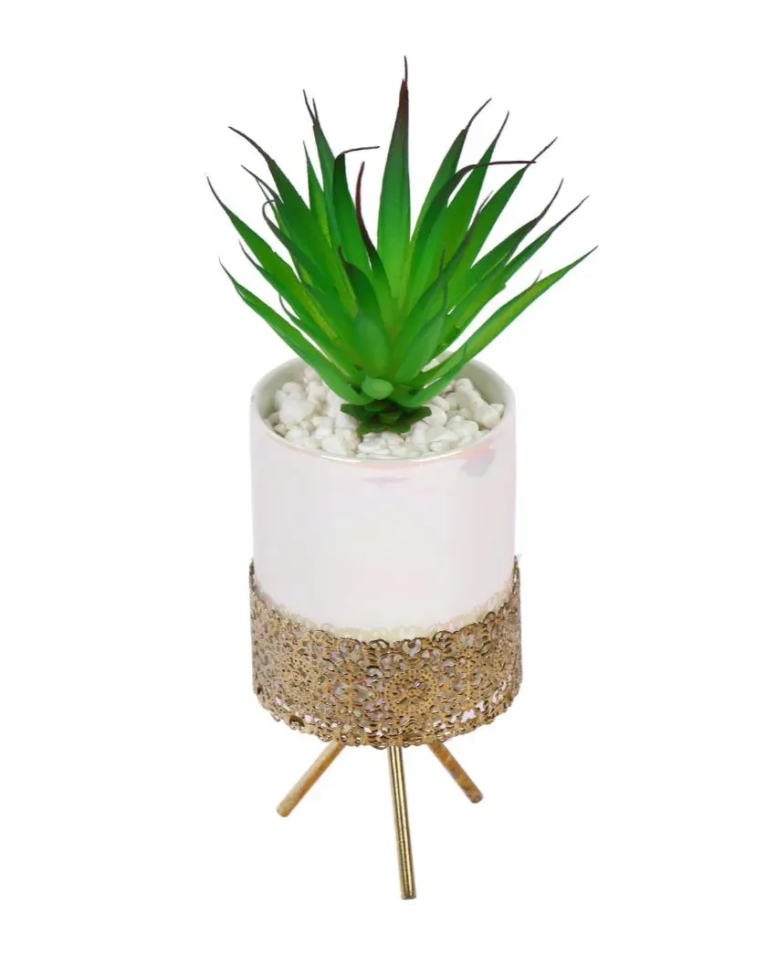 Fashionable Succulents Artificial Plant with Ceramic Pot & Metal Tripod Stand | 9 inches