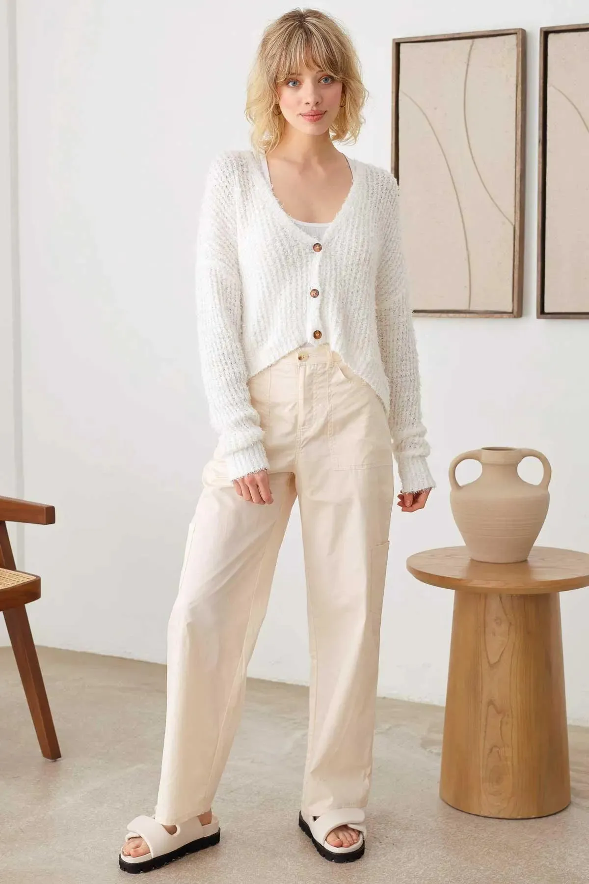 Fuzzy Button Up Long Sleeve Crop Cardigan Top