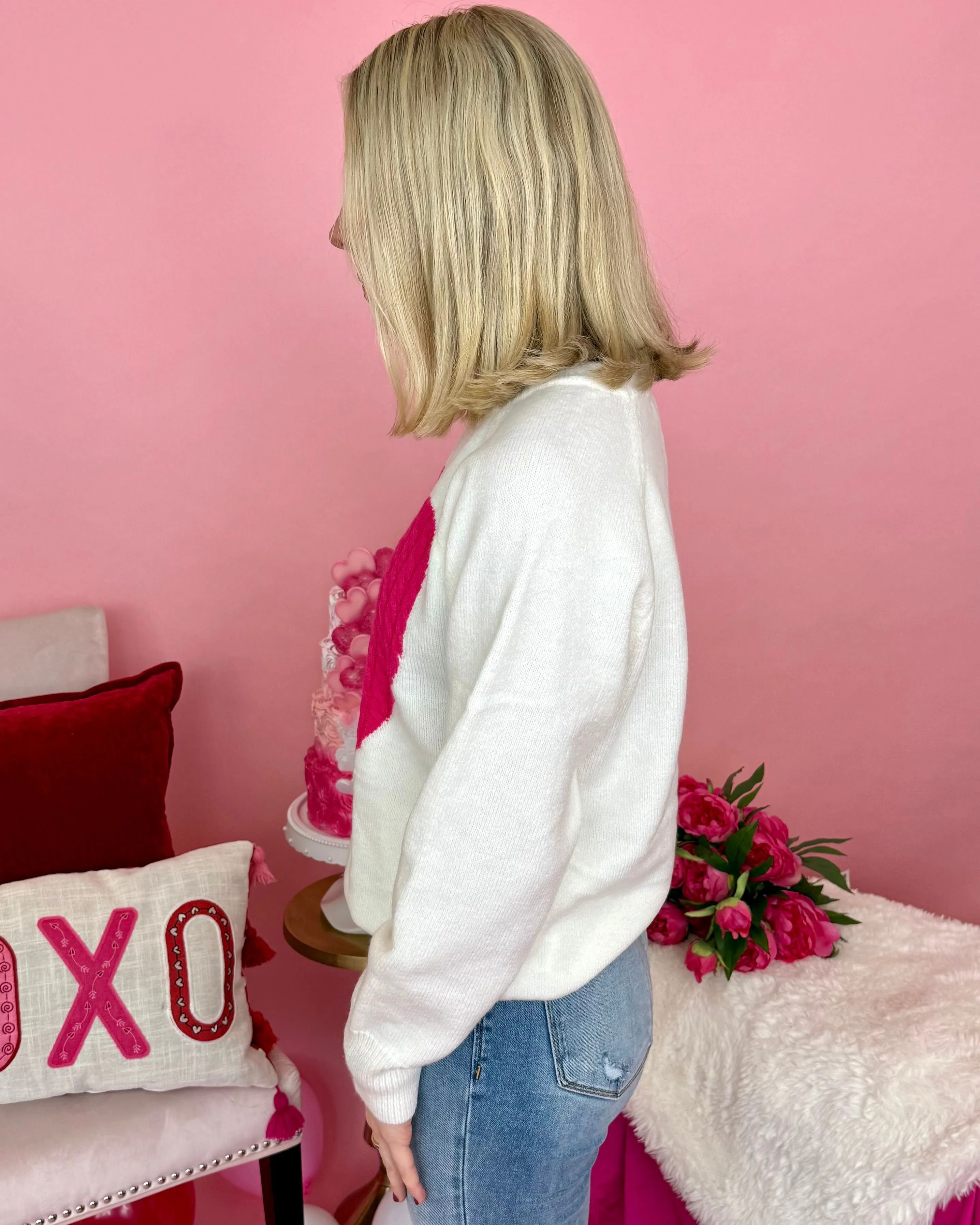Heart For You White/Pink Heart Knit Sweater