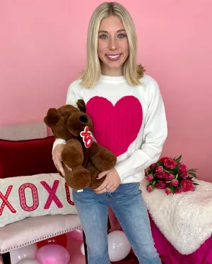 Heart For You White/Pink Heart Knit Sweater