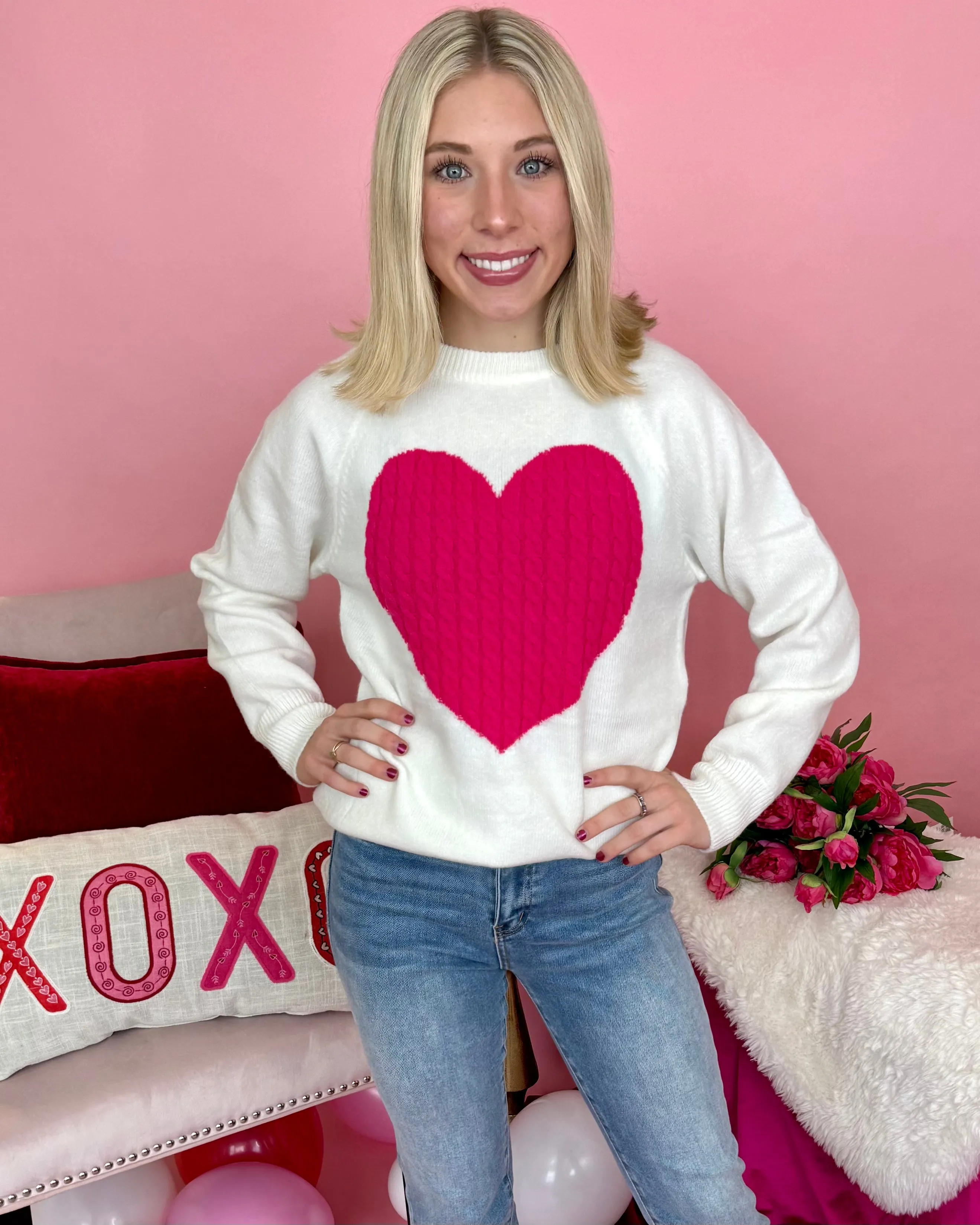 Heart For You White/Pink Heart Knit Sweater