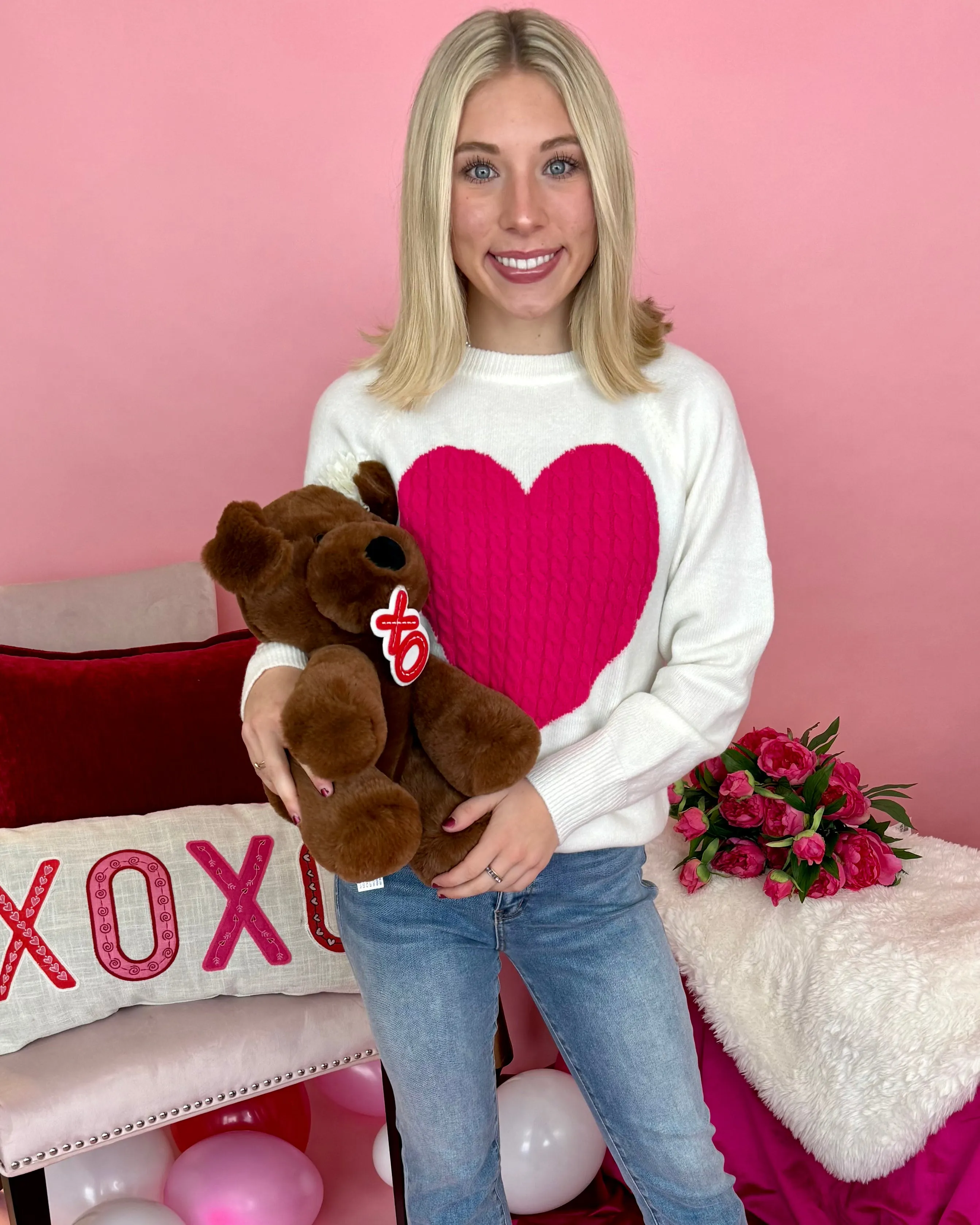 Heart For You White/Pink Heart Knit Sweater