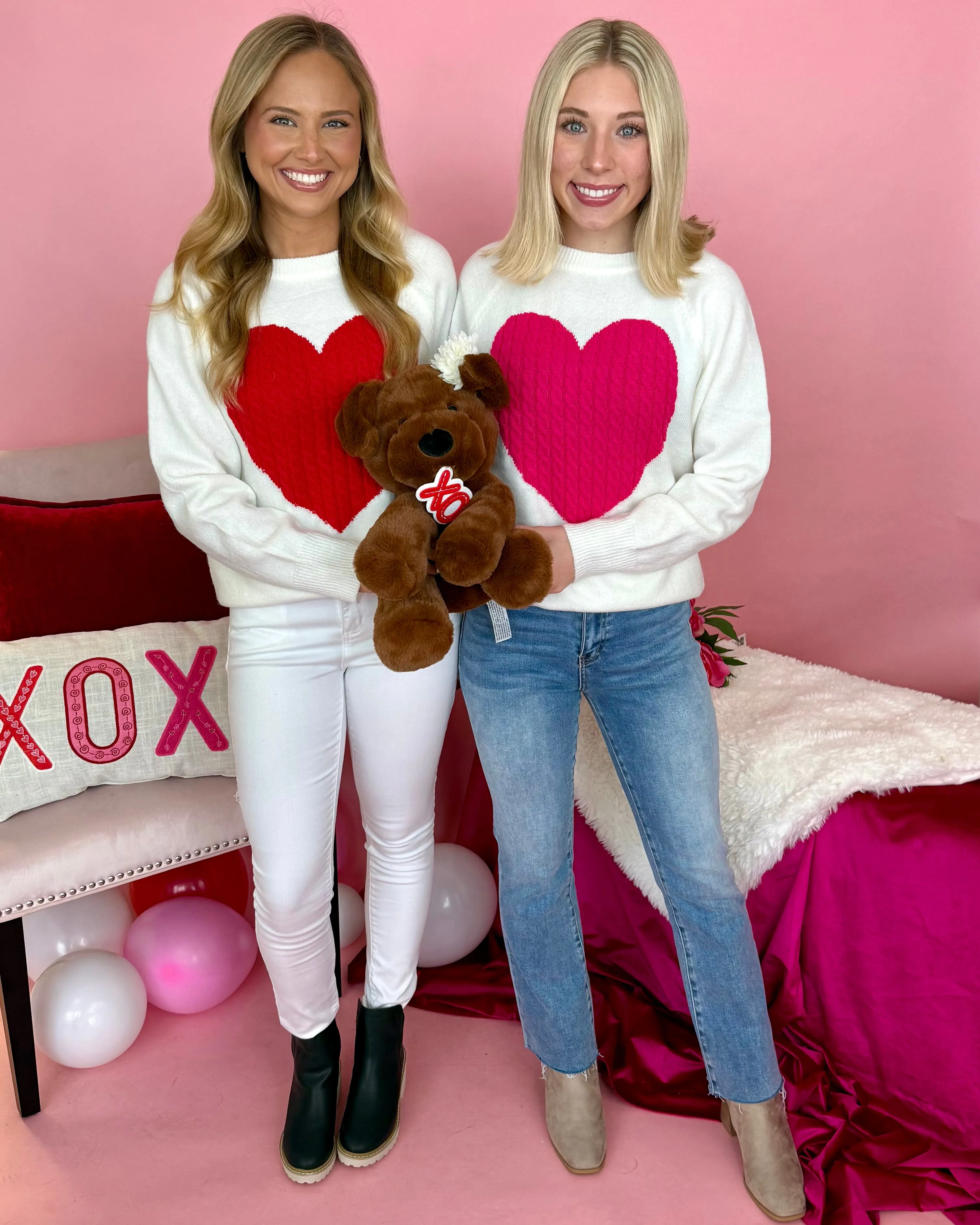 Heart For You White/Pink Heart Knit Sweater