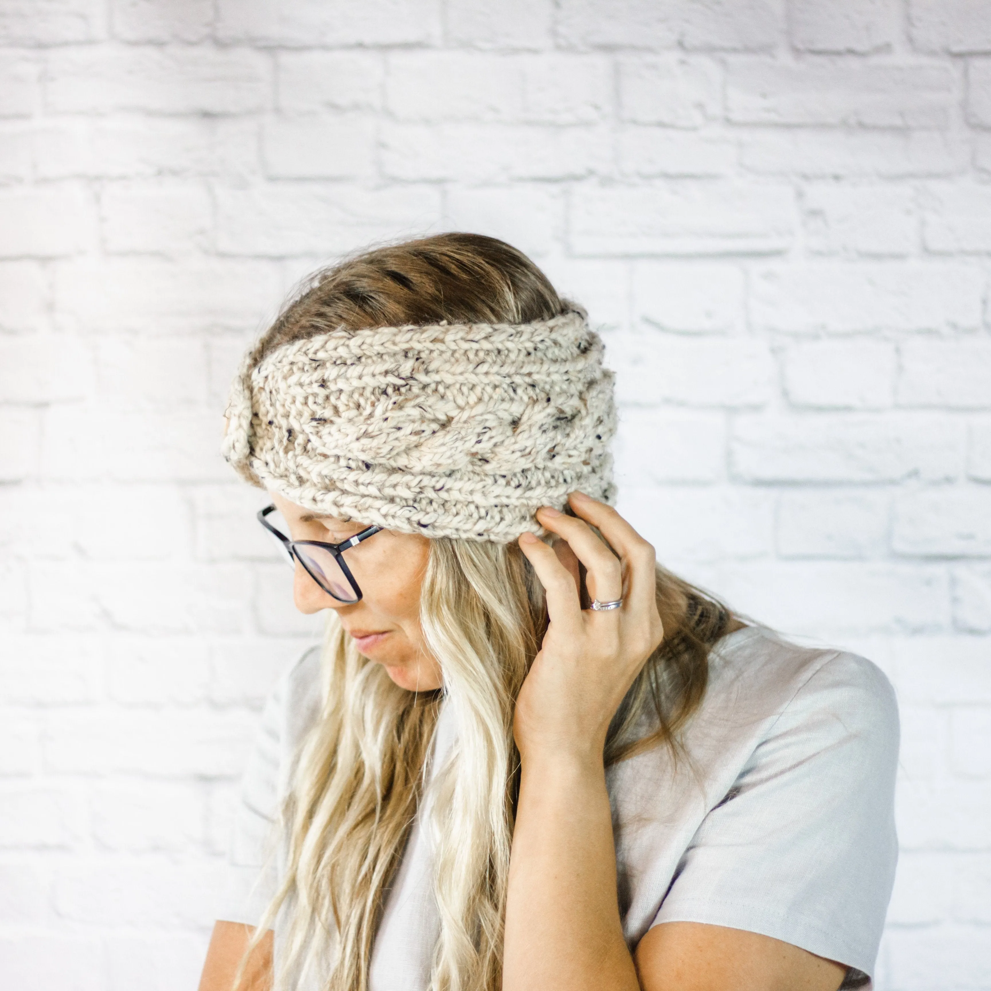 Ladies Extra Wide Knit Cabled Button Ear Warmer Headband in Oatmeal
