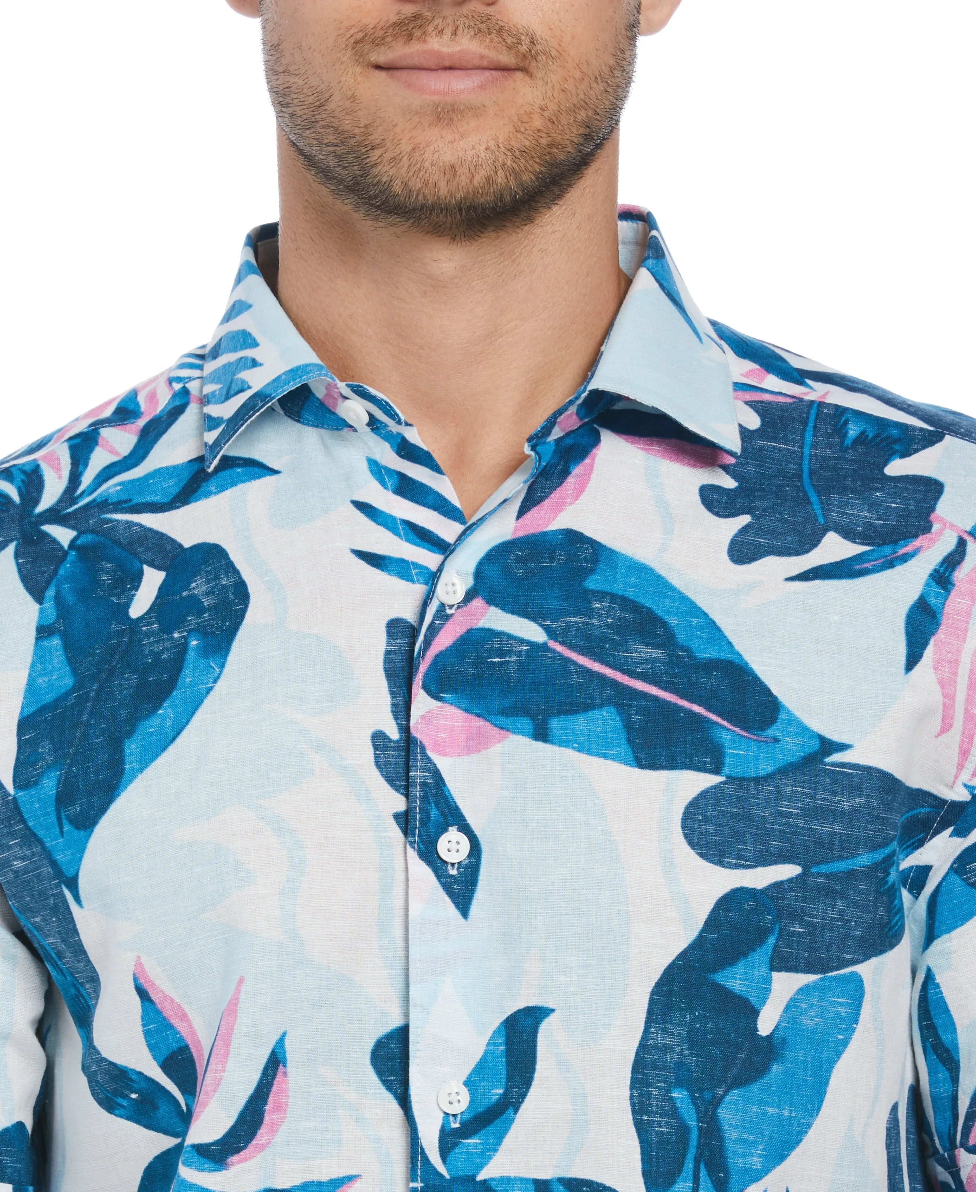 Linen Blend Reverse Tropical Print Shirt