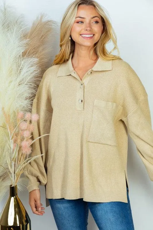 Long Sleeve Solid Knit Top Brown Oatmeal